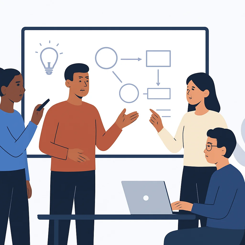 Un team eterogeneo che collabora su una lavagna, mostrando brainstorming e risoluzione dei problemi