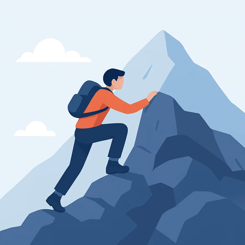 Una persona che scala una montagna rocciosa, simboleggiando la perseveranza attraverso le sfide