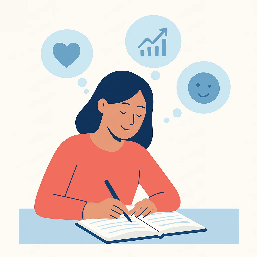 Una persona che scrive un diario, con fumetti che mostrano riflessioni positive e orientate alla crescita