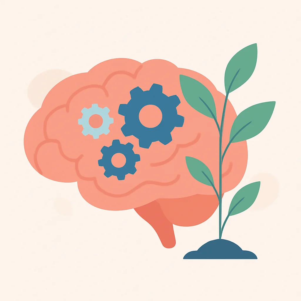 Illustrazione di un cervello con ingranaggi e piante in crescita, simbolo di neuroplasticità e mentalità di crescita